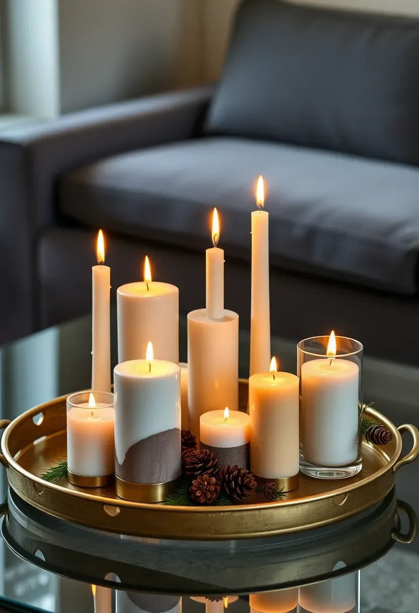Hyper-realistic slightly elevated shot of coffee table with candlelight cluster: seven pillar candles of varying heights (4-12 inches) on aged brass tray, finishes include brass white ceramic wood texture and clear glass. Three candles are lit with warm flickering flames, four unlit. Small pine sprigs and cones scattered casually around base. Tray sits on glass coffee table, visible gray sofa and beige wall beyond. Materials: beeswax, brass, ceramic, wood, glass, pine. Warm room light (2800K) plus candle flames creating soft shadows, intimate evening mood, shallow depth of field foreground candles, composition showing organic clustering. No text logos watermarks.</p>