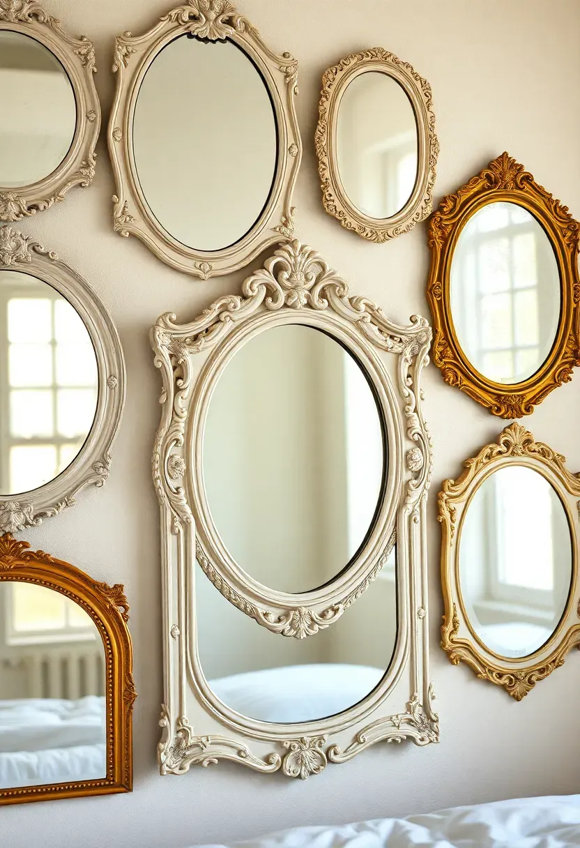 Collection of vintage mirrors in ornate frames creating shabby chic gallery wall