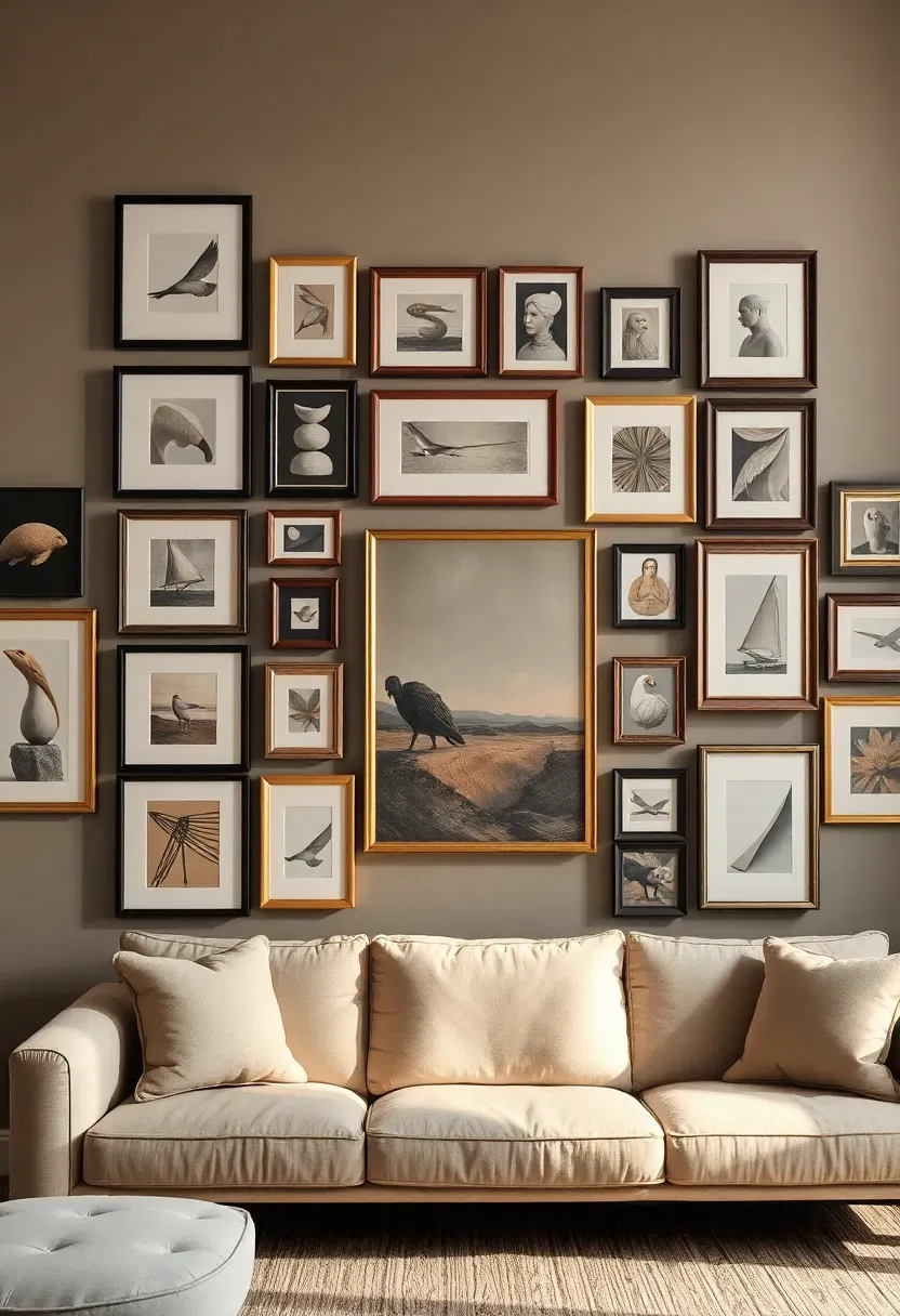 Eclectic salon-style gallery wall with mismatched frames in various sizes arranged asymmetrically around a central large painting in a living room