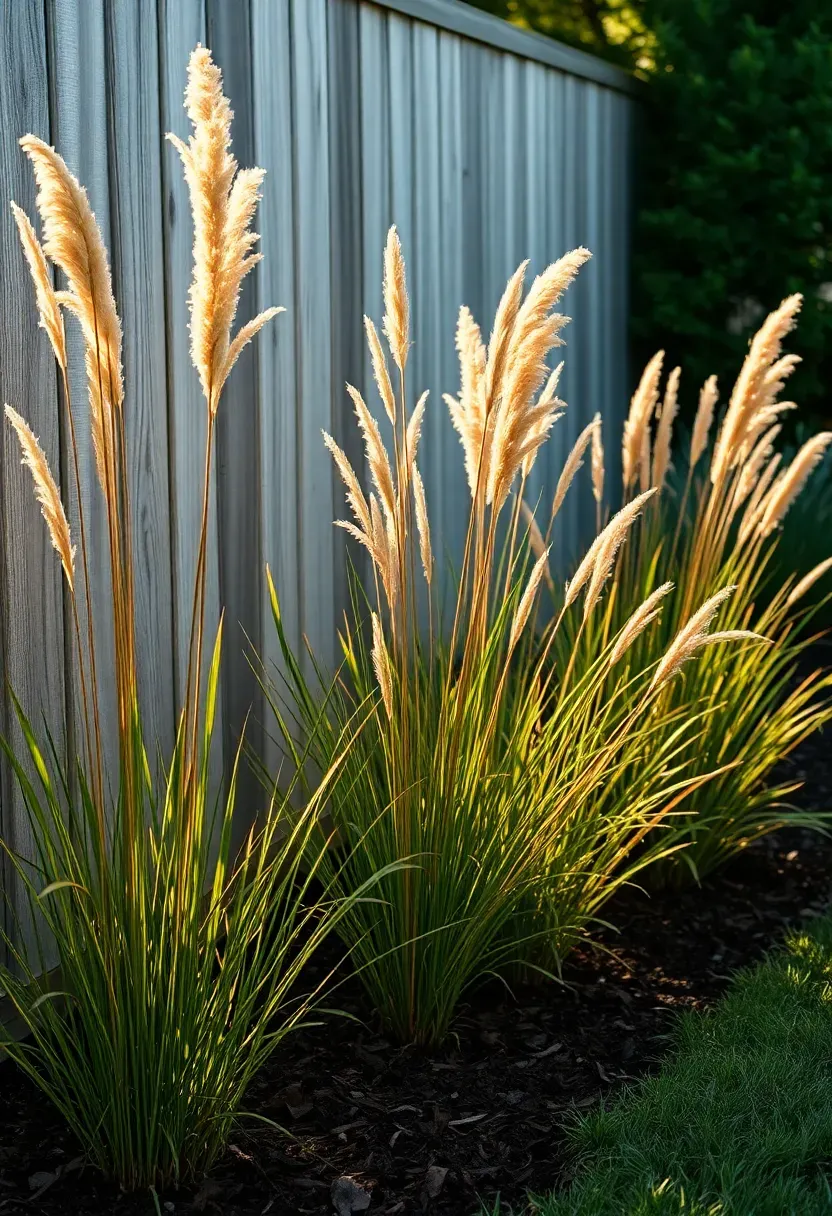 Three large clumps of ornamental maiden grass planted in a row along a backyard fence line with mulch between them