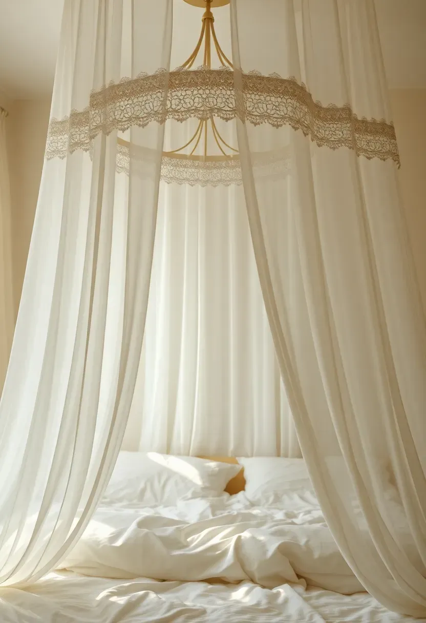 Dreamy lace-trimmed bed canopy with sheer white fabric creating romantic atmosphere