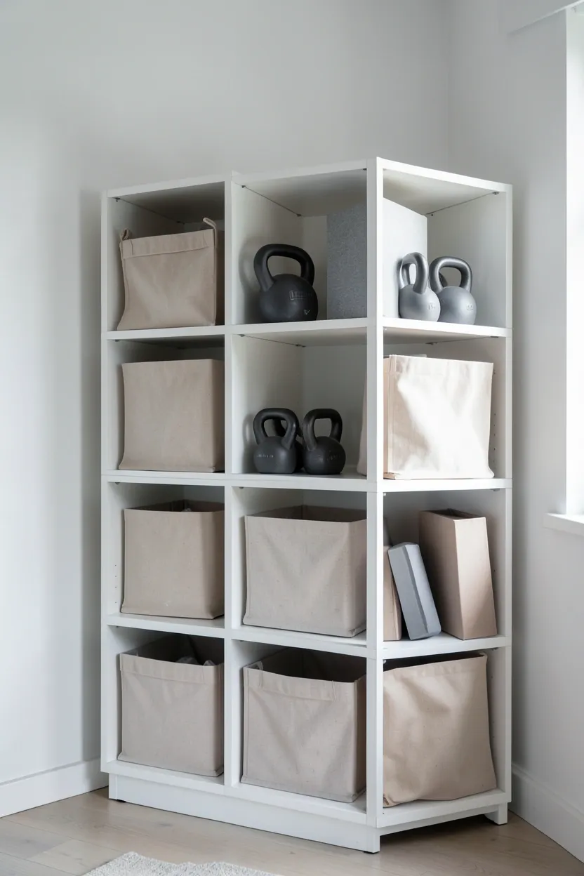 Modular cube shelving unit with fabric bins holding gym equipment and open cubes displaying kettlebells — versatile home gym storage for small spaces