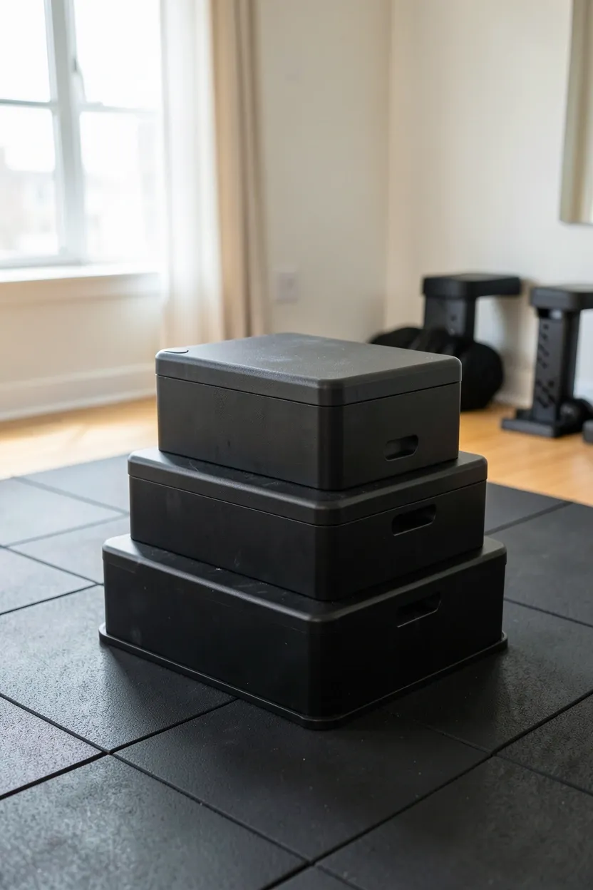 Three-sided plyo box with non-slip surface stored against a white gym wall — adjustable-height plyometric training equipment for apartment home gyms