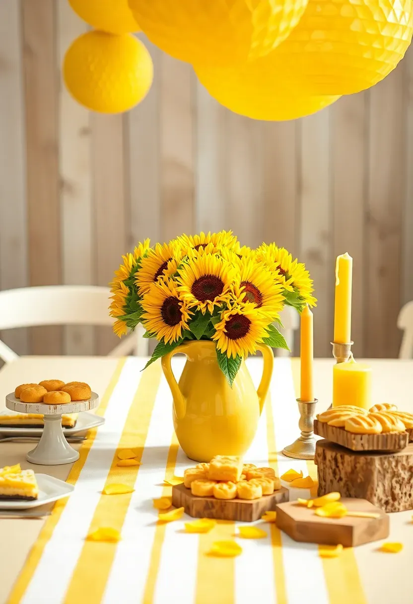 bee themed baby shower with yellow and white striped decor, honeycomb paper backdrops, sunflower arrangements, hexagonal dessert stands, and a sweet as can bee banner