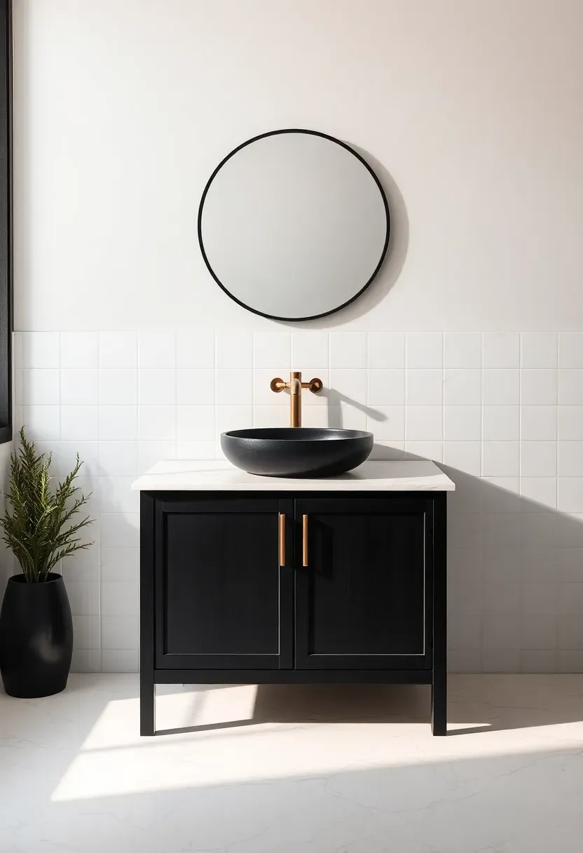 Matte black bathroom vanity with white marble countertop and gold pulls in a small apartment bathroom — bold and elegant