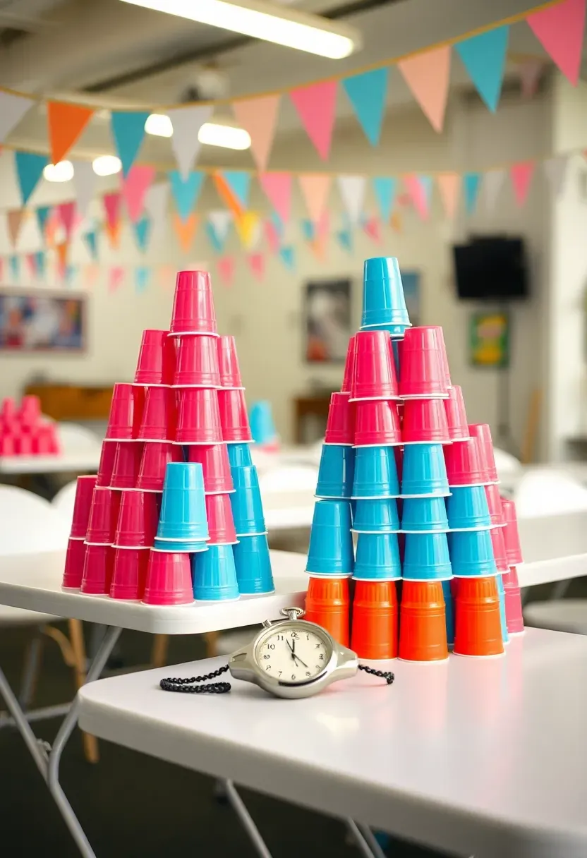two teams racing to stack colorful plastic cups into pyramids at a baby shower