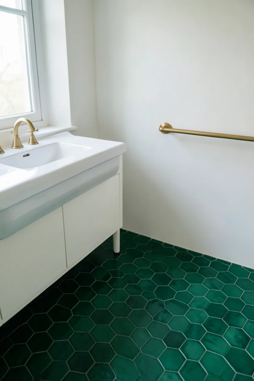 Emerald green hexagon geometric floor tiles with white walls and brass fixtures in a contemporary bathroom — luxurious green tile idea