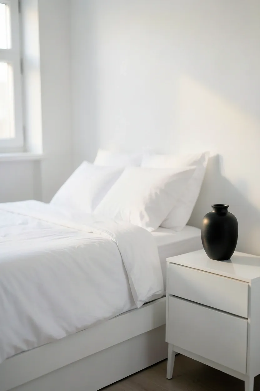 Curated minimalist black vase and white ceramic bowl on a nightstand in a serene black and white bedroom