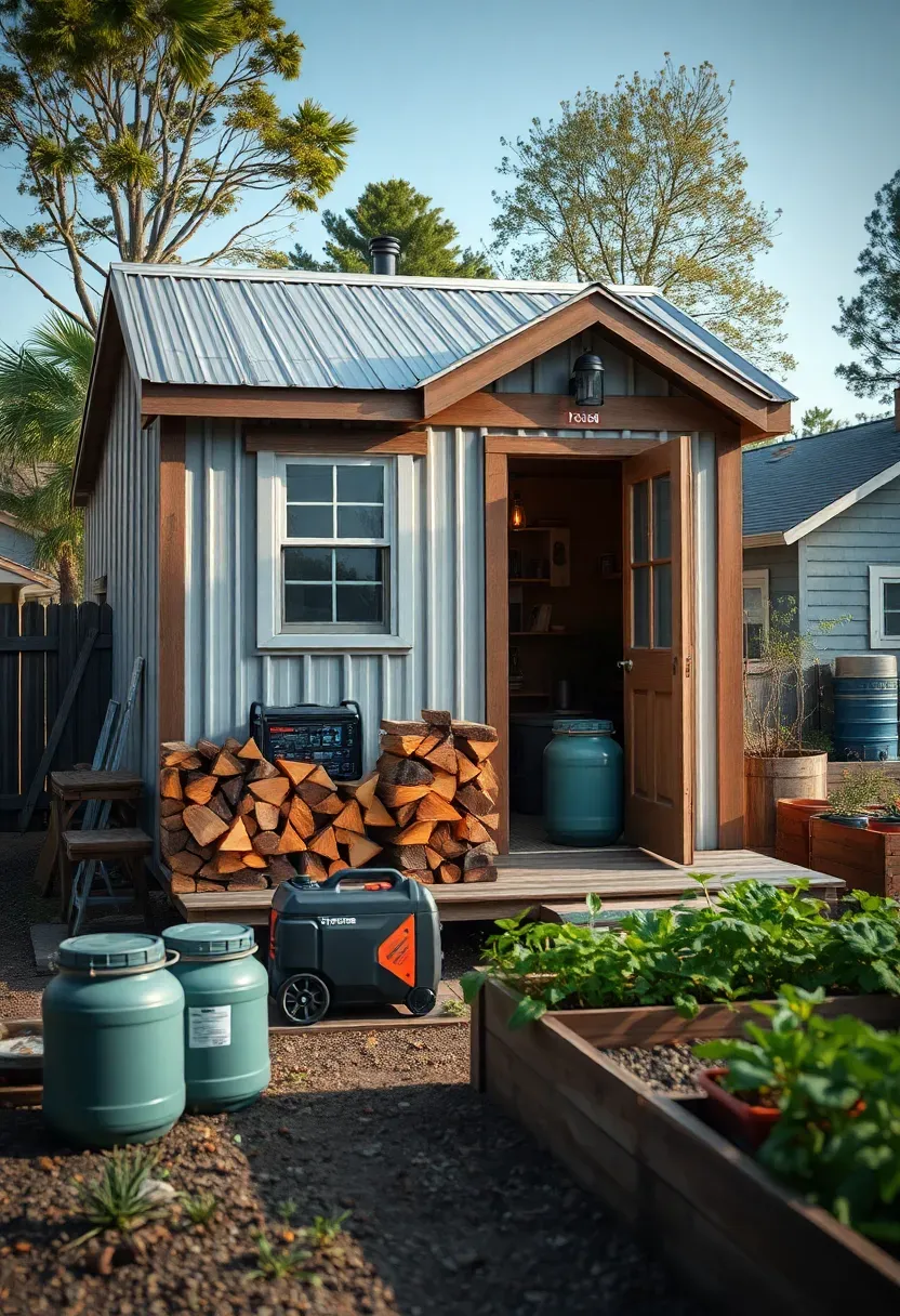 Hyper-realistic exterior view of tiny house prepared for emergency showing visible preparedness elements including small generator, stacked firewood, water storage containers, and small garden bed with food plants. Materials: tiny house with metal roof suitable for rainwater collection, visible solar panels for off-grid capability, compact generator near entrance, neatly stacked firewood, water storage barrels, raised garden bed with vegetables. Natural daylight showing preparedness clearly. Shallow depth of field focusing on preparedness elements around tiny house, overall house and systems visible in background showing resilience preparation. Emergency preparedness aesthetic. No text, no logos, no watermarks.</p>