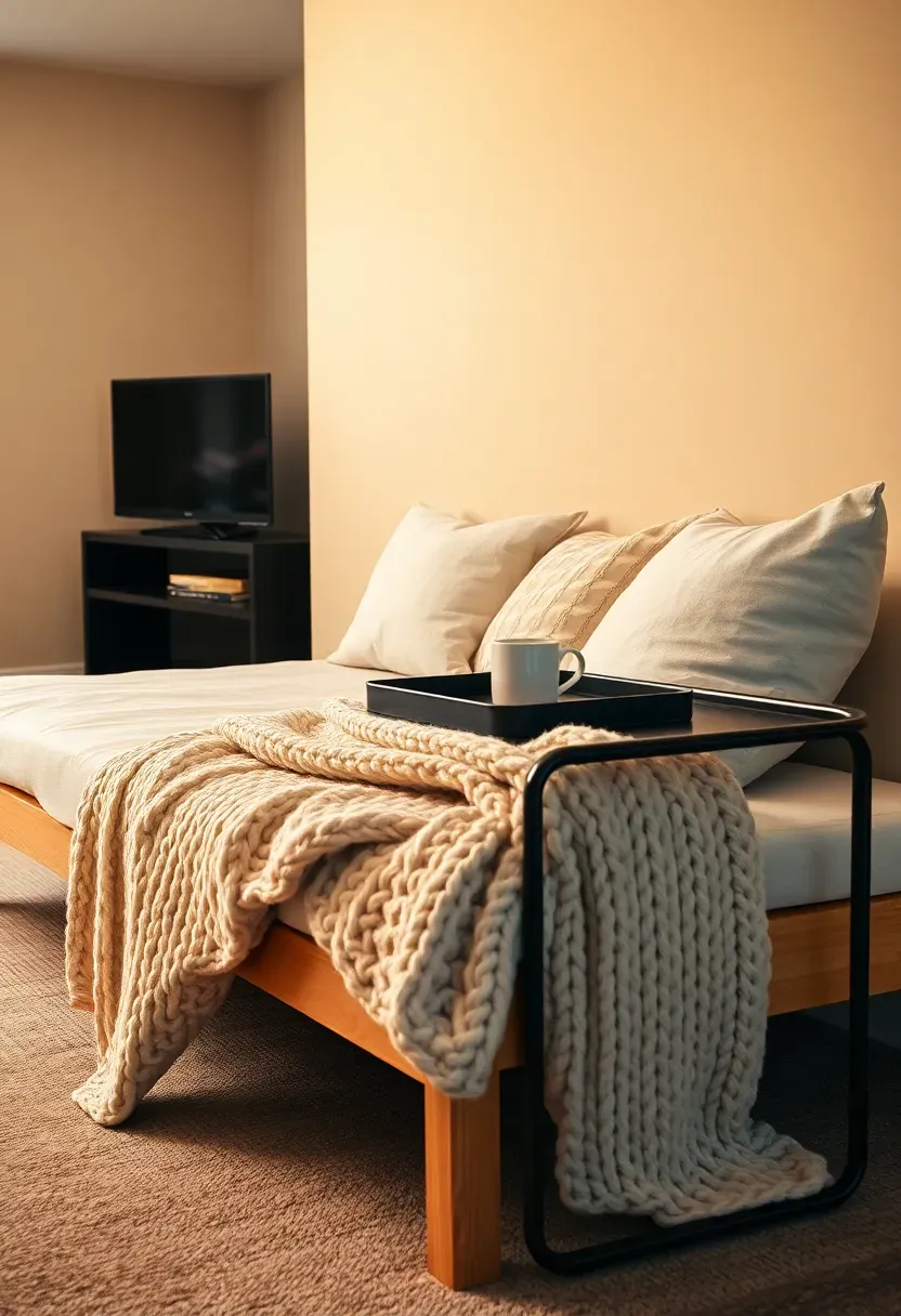 Basement tv room with a wide daybed sofa against the side wall, piled with linen pillows and a knitted throw, facing a wall-mounted screen, with a small tray table within arm's reach