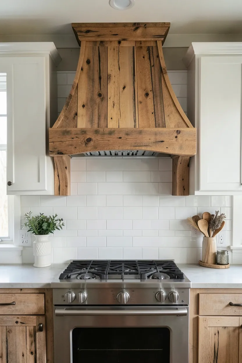 Driftwood-Inspired Hood with White Subway Tile