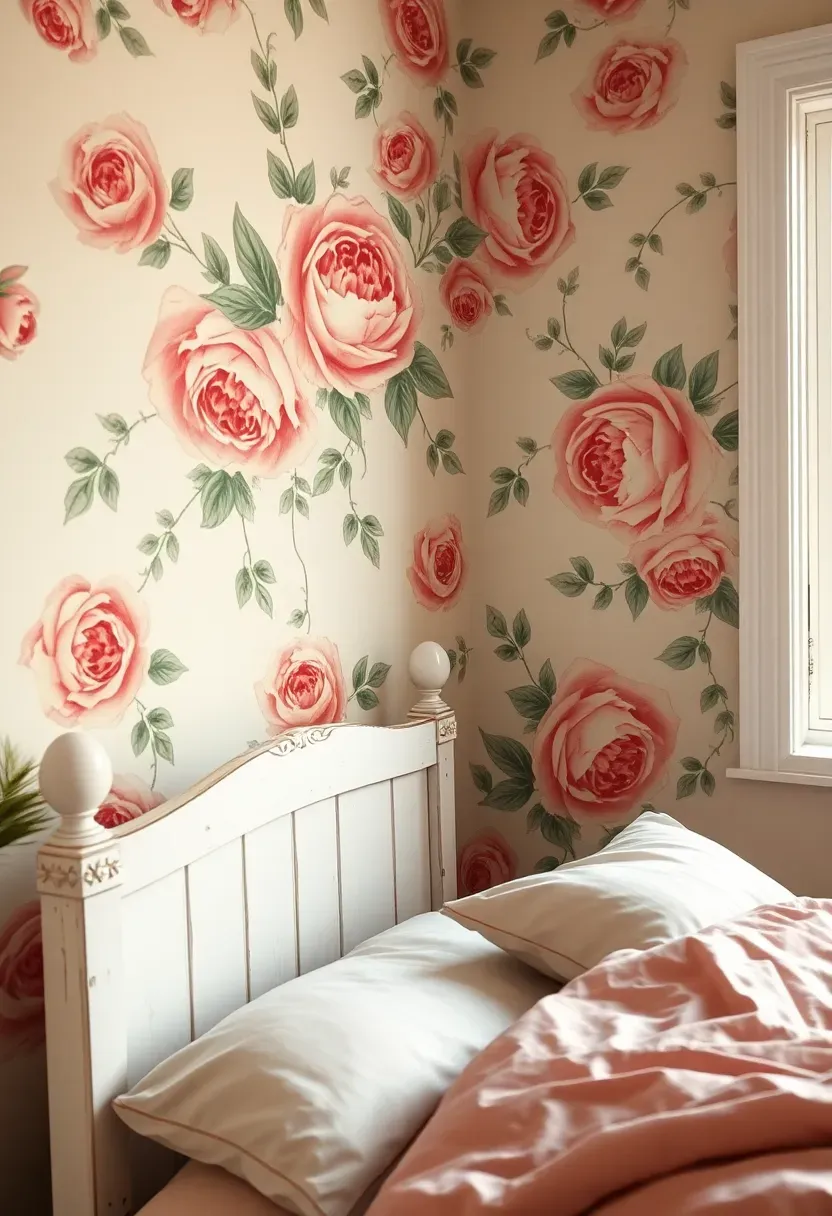 Bedroom accent wall covered in vintage pink floral wallpaper with cabbage roses and trailing vines