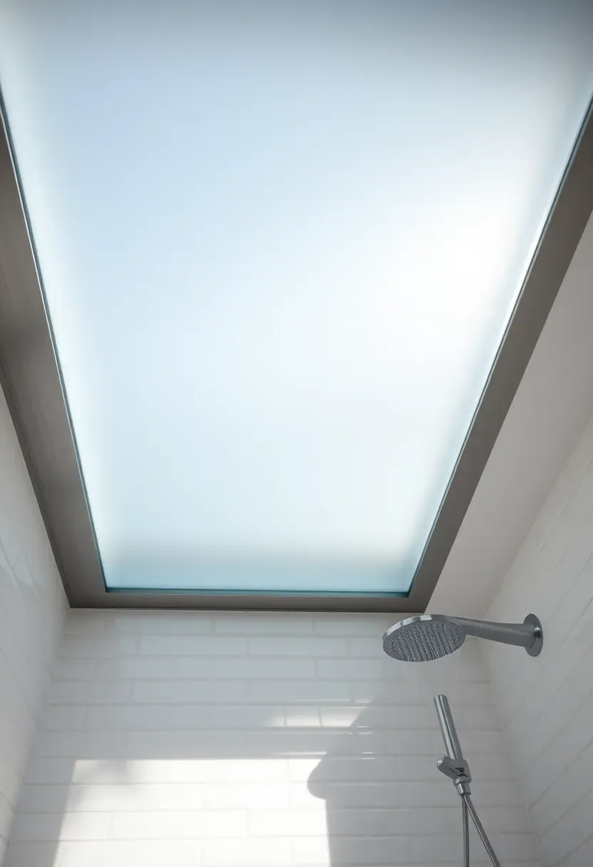 Frosted glass ceiling panel above a shower letting diffused natural light into a modern bathroom