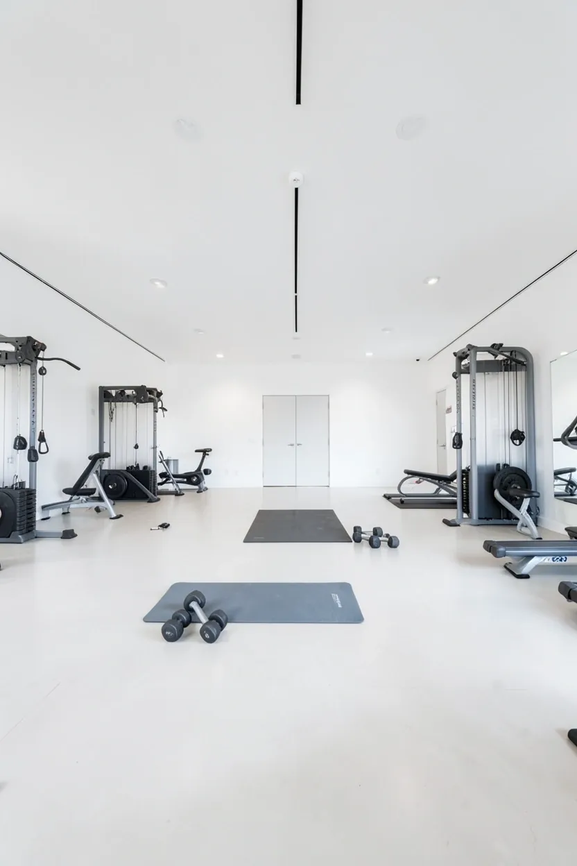 Small gym room with open floor plan — equipment pushed to walls, large central area left clear for bodyweight exercises and movement