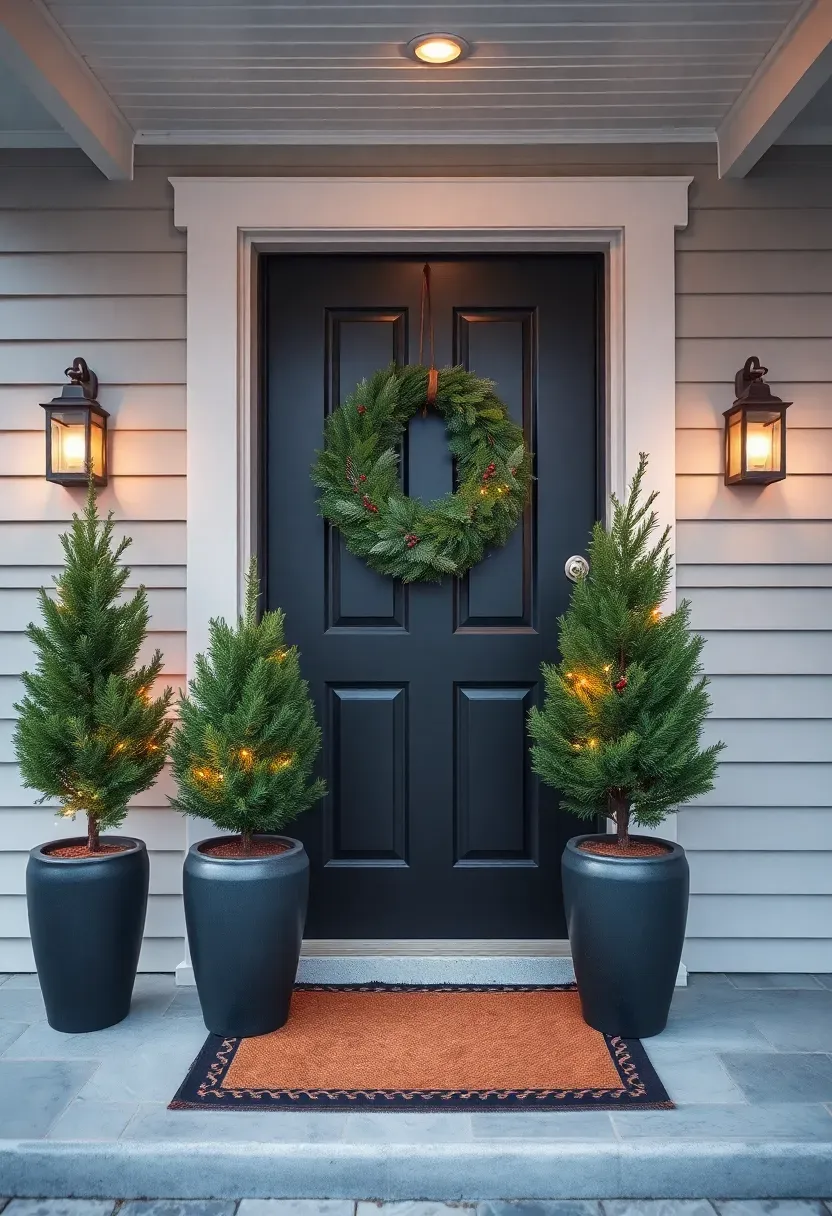 Hyper-realistic wide shot of an elegant front porch entry with sophisticated winter decor. A substantial 24-inch wreath of fresh mixed evergreens with minimal red berry accents hangs centered on a matte black front door. Flanking the door, two charcoal gray ceramic planters contain simple dwarf Alberta spruce topiaries with white fairy lights woven through lower branches. A coir mat with subtle evergreen border sits on the stone porch floor. Brushed nickel lanterns flank the door with warm LED illumination. Porch has white painted ceiling and stone flooring. Soft twilight blue hour lighting. Visible modern facade with horizontal siding. No text, no logos, no watermarks.</p>