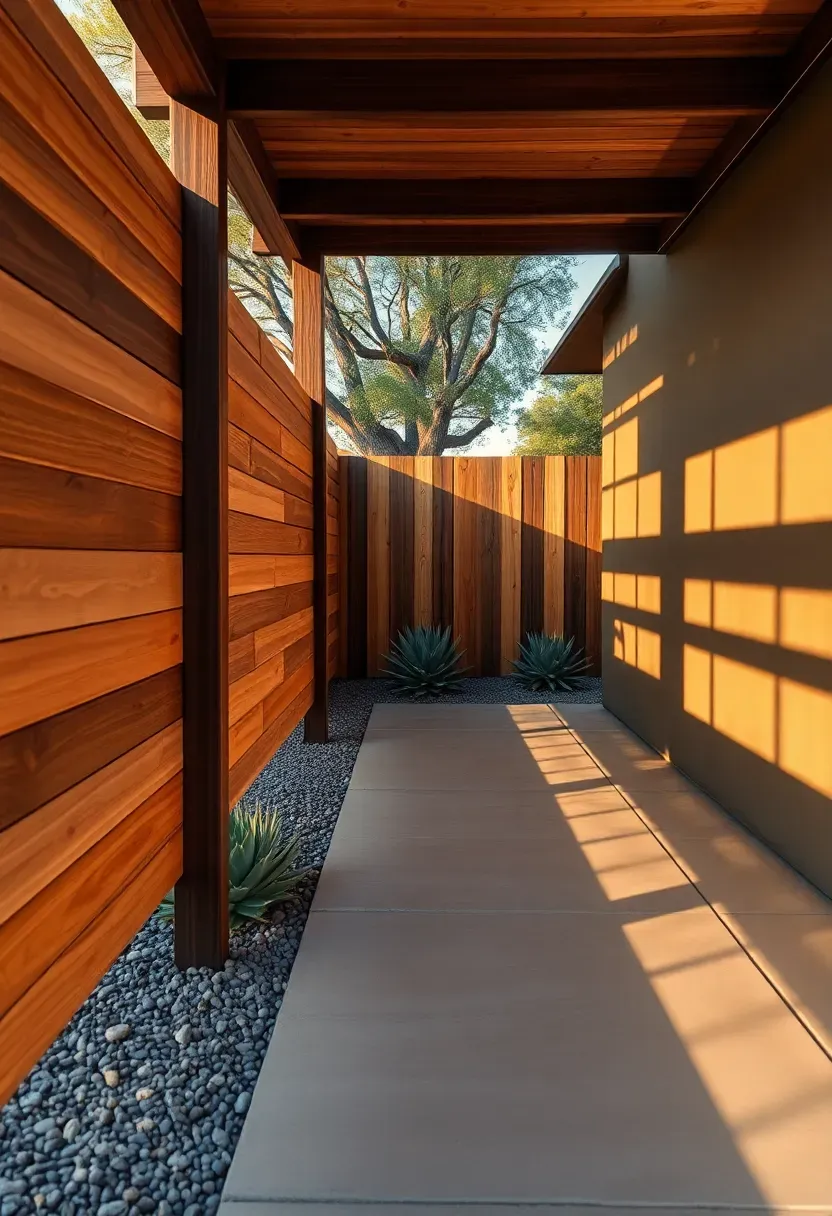Horizontal mixed-width slat fence combining narrow and wide cedar boards with deliberate spacing in a mid-century modern backyard