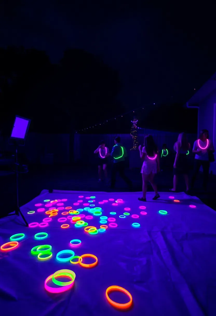 Backyard glow-in-the-dark dance floor at night with neon glow sticks on the ground, UV lights, and teens dancing at a sweet 16 party