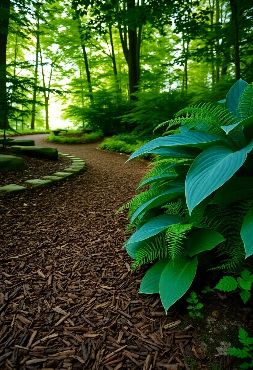 A casual wood chip mulch path winding through a shaded backyard woodland garden with hostas and ferns