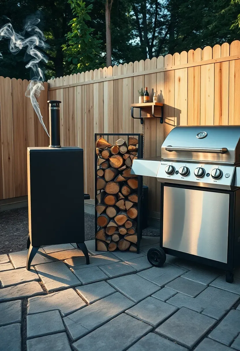 Corner of a backyard with an offset smoker next to a gas grill on a flagstone pad with a firewood rack and spice shelf between them