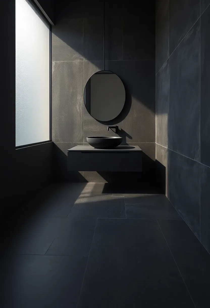 Large format concrete look porcelain tiles in charcoal gray on a bathroom floor with matte black fixtures and floating vanity