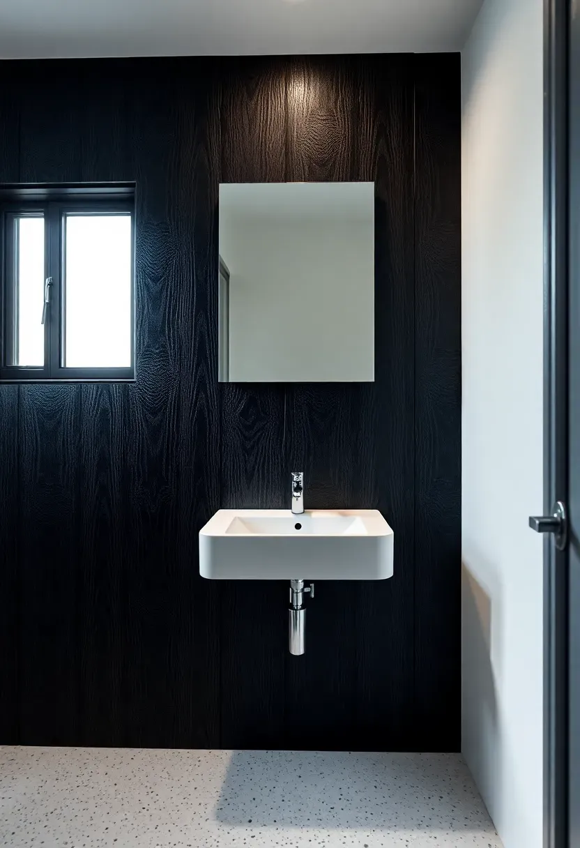 Shou sugi ban charred wood accent wall with deep black carbonized texture in a minimalist bathroom with white fixtures