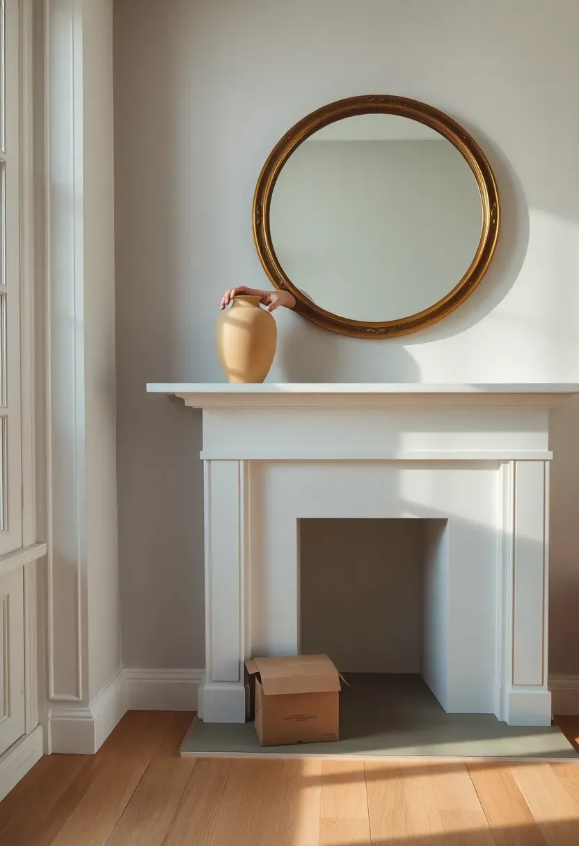 Hands clearing a white fireplace mantle down to bare surface, removing old decor objects to start fresh — clean empty mantel shelf with a large leaning mirror against the wall above