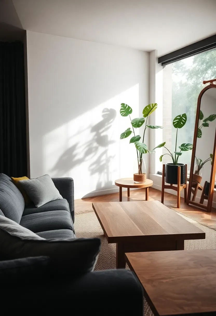 Hyper-realistic 3/4 view of organic modern living room with dark grey couch, light oak wood coffee table, walnut side table, wooden plant stand with fiddle leaf fig, wood-framed floor mirror. Materials: charcoal fabric, light oak wood grain, walnut wood, green monstera leaves. Natural light from large window, dappled shadows through plant leaves. Organic modern mood like serene spa lobby. Shallow depth of field, visible wood grain texture on table. No text, no logos, no watermarks.</p>
