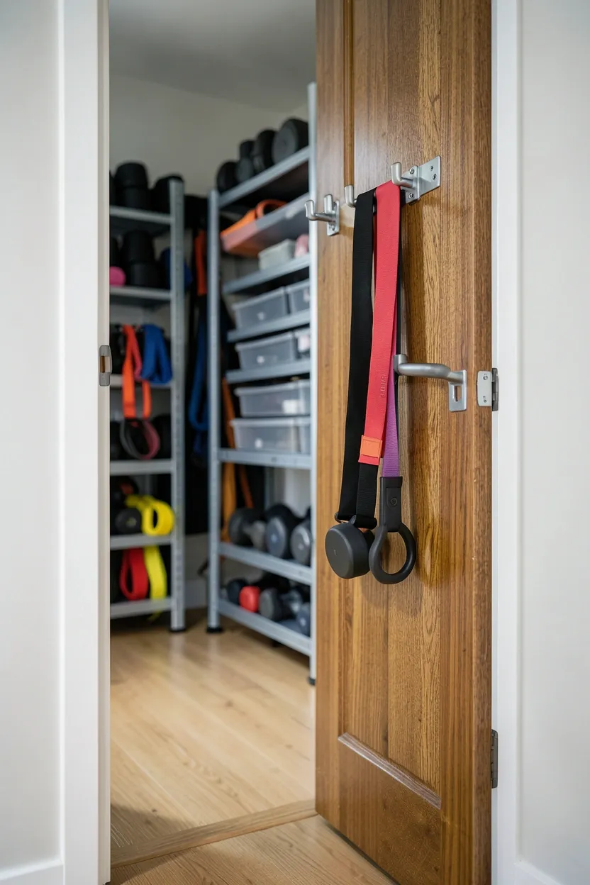 Over-door hanging storage organizer for gym equipment — renter-friendly no-drill solution for resistance bands, jump ropes, and yoga straps
