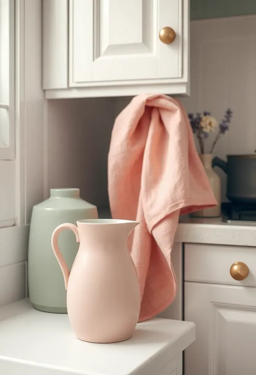 Shabby chic kitchen details with soft dusty rose, powder blue, and sage green pastel accents in vintage ceramic pitchers, embroidered dish towels, and painted island against white cabinets