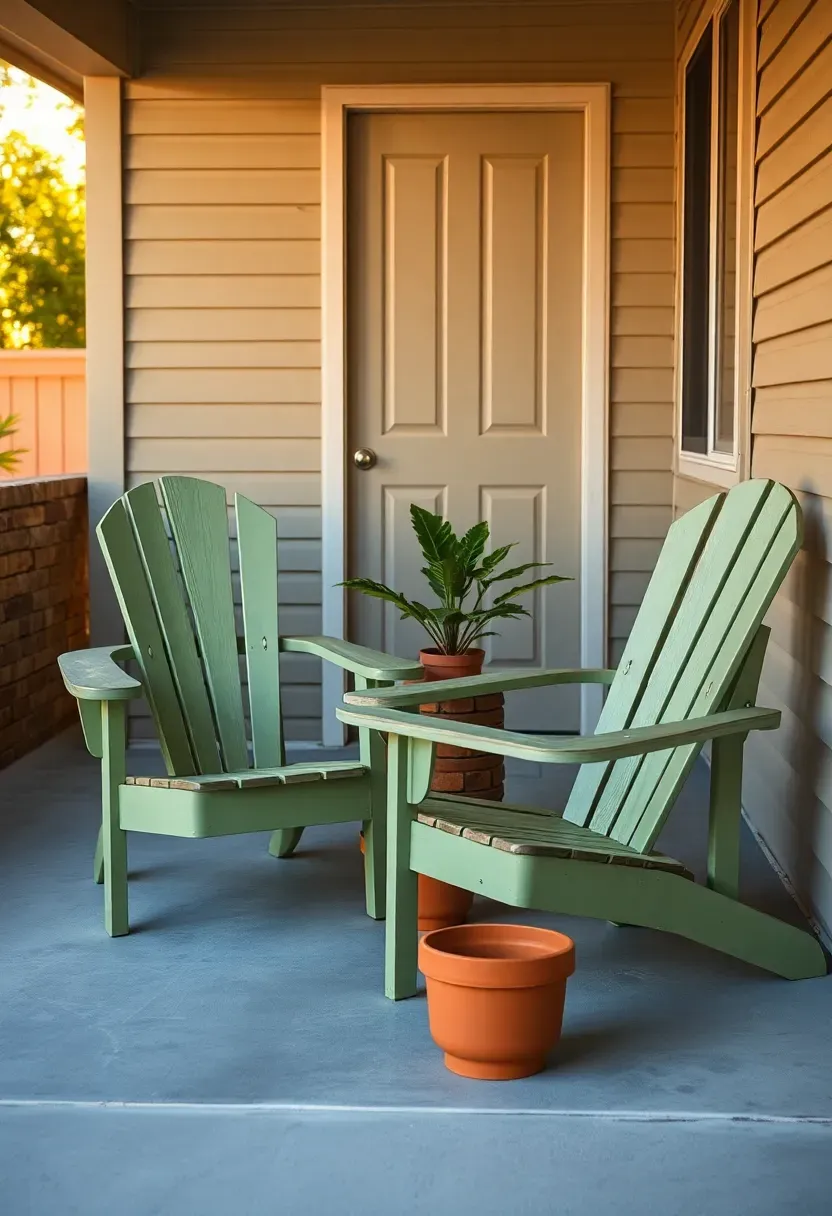 Ranch porch seating area with two sage green Adirondack chairs and teak side table