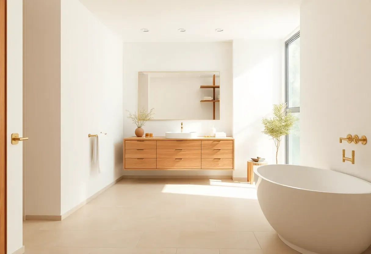 Bright rental apartment bathroom with peel-and-stick backsplash, over-toilet shelving, and budget-friendly renter decor