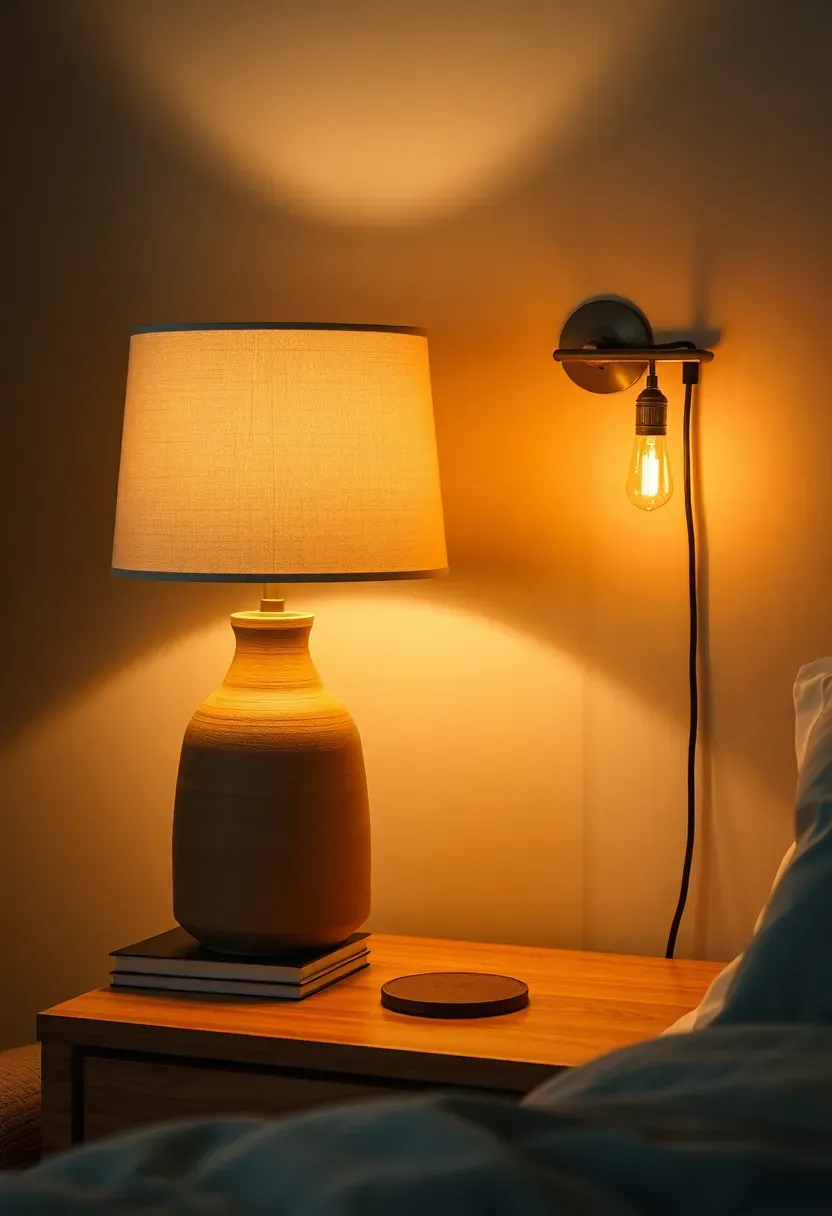 Bedroom corner with a warm-toned table lamp on a nightstand and soft string lights draped behind the headboard, creating layered evening ambiance