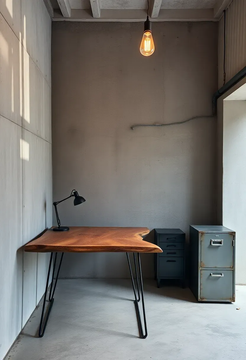 Converted garage home office corner with concrete walls, oak slab desk on hairpin legs and industrial pendant lighting