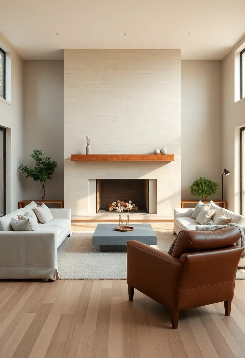 Hyper-realistic wide shot of minimalist living room with large modern fireplace as clear focal point. Materials: floor-to-ceiling light stone fireplace surround, concrete hearth, cream linen sofa facing fireplace, simple leather armchair, light wood floor. Natural light from windows flanking fireplace. Furniture arranged in U-shape facing fireplace as organizing principle. Clean uncluttered space with minimal decor. Visible room context showing clear sight lines to fireplace. Sharp focus on fireplace texture. No text, no logos, no watermarks.</p>