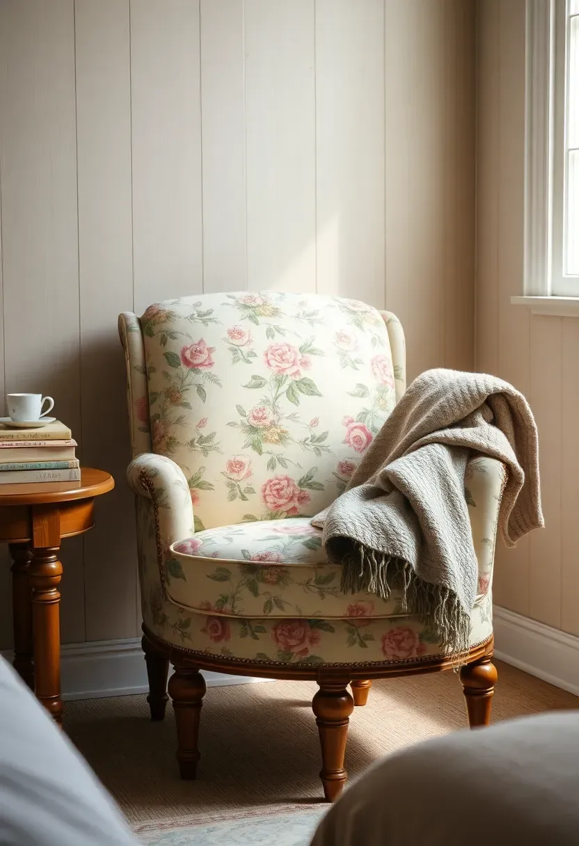 Vintage floral armchair with faded upholstery creating cozy reading corner