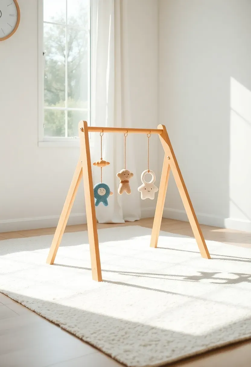 minimalist wooden baby activity gym with hanging toys in a bright nursery