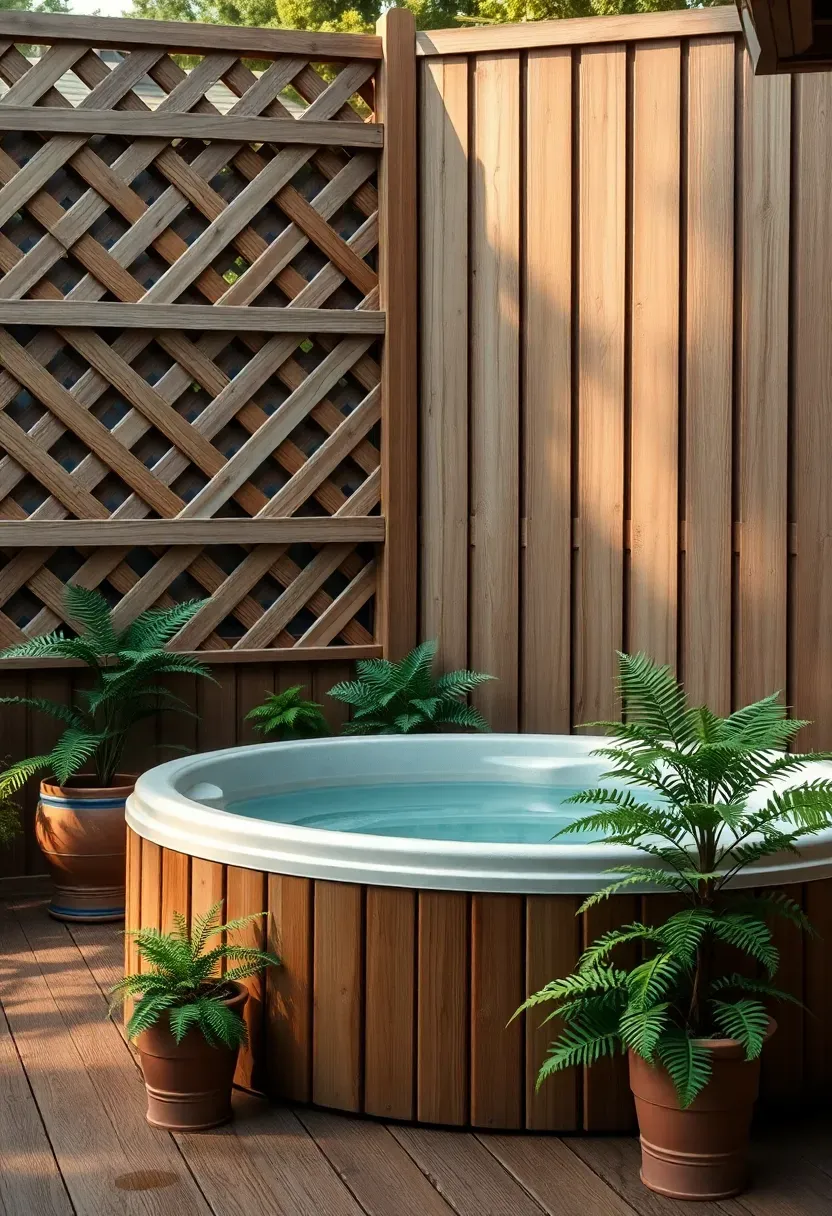 A cedar lattice privacy wall with diagonal crosshatch pattern next to a round hot tub on a wooden deck with potted ferns at the base