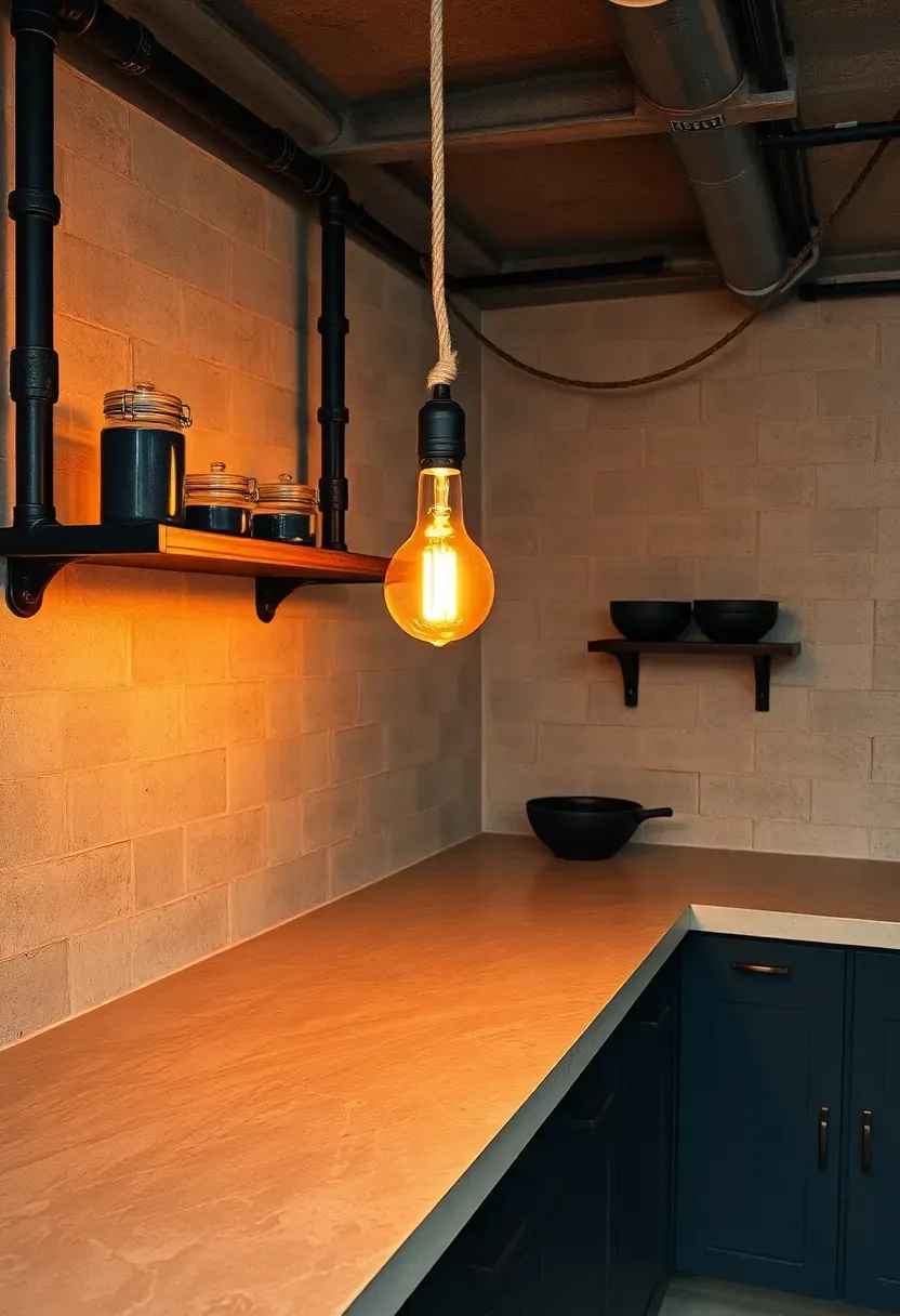 Industrial basement kitchenette with poured concrete countertops, exposed steel pipe shelving, Edison bulb pendant, and dark cabinetry