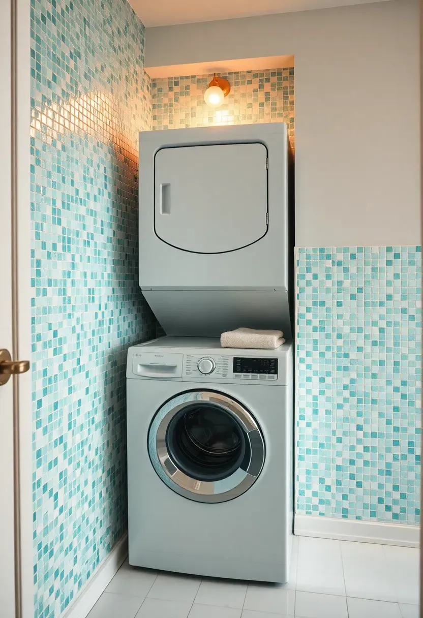 Stacked washer and dryer built into a bathroom alcove with glass mosaic tile surround and towel storage shelves
