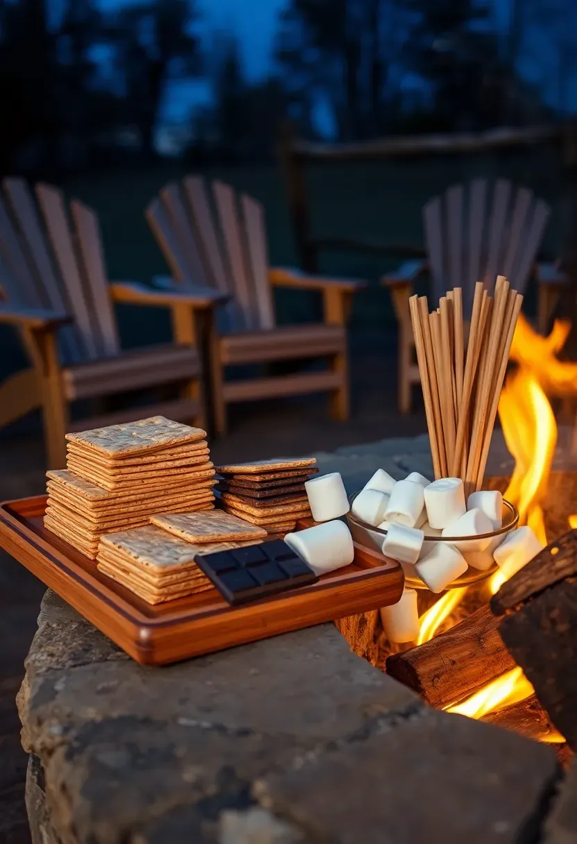 A s'mores bar set up next to a backyard fire pit with graham crackers, chocolate bars, marshmallows, and roasting sticks on a wooden tray