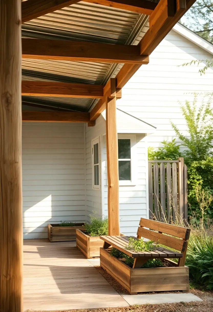 Rustic wood lean-to awning with rough-hewn timber beams and metal roofing panels extending from a cottage-style house over a backyard herb garden and bench