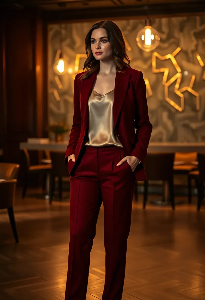 burgundy suit jacket over a silk champagne camisole with tailored trousers at an evening baby shower