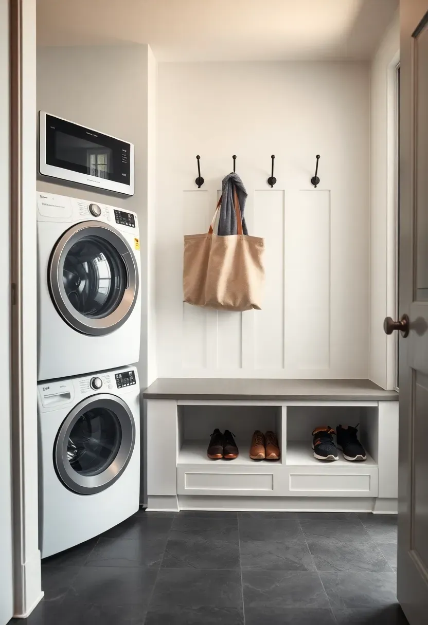 Combined mudroom and laundry room with stacked washer dryer, coat hooks, a built-in bench with shoe cubbies, and a tiled floor