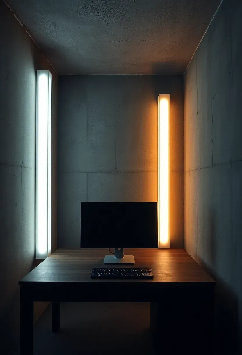 Narrow vertical LED light columns flanking a desk in a windowless basement office with concrete walls