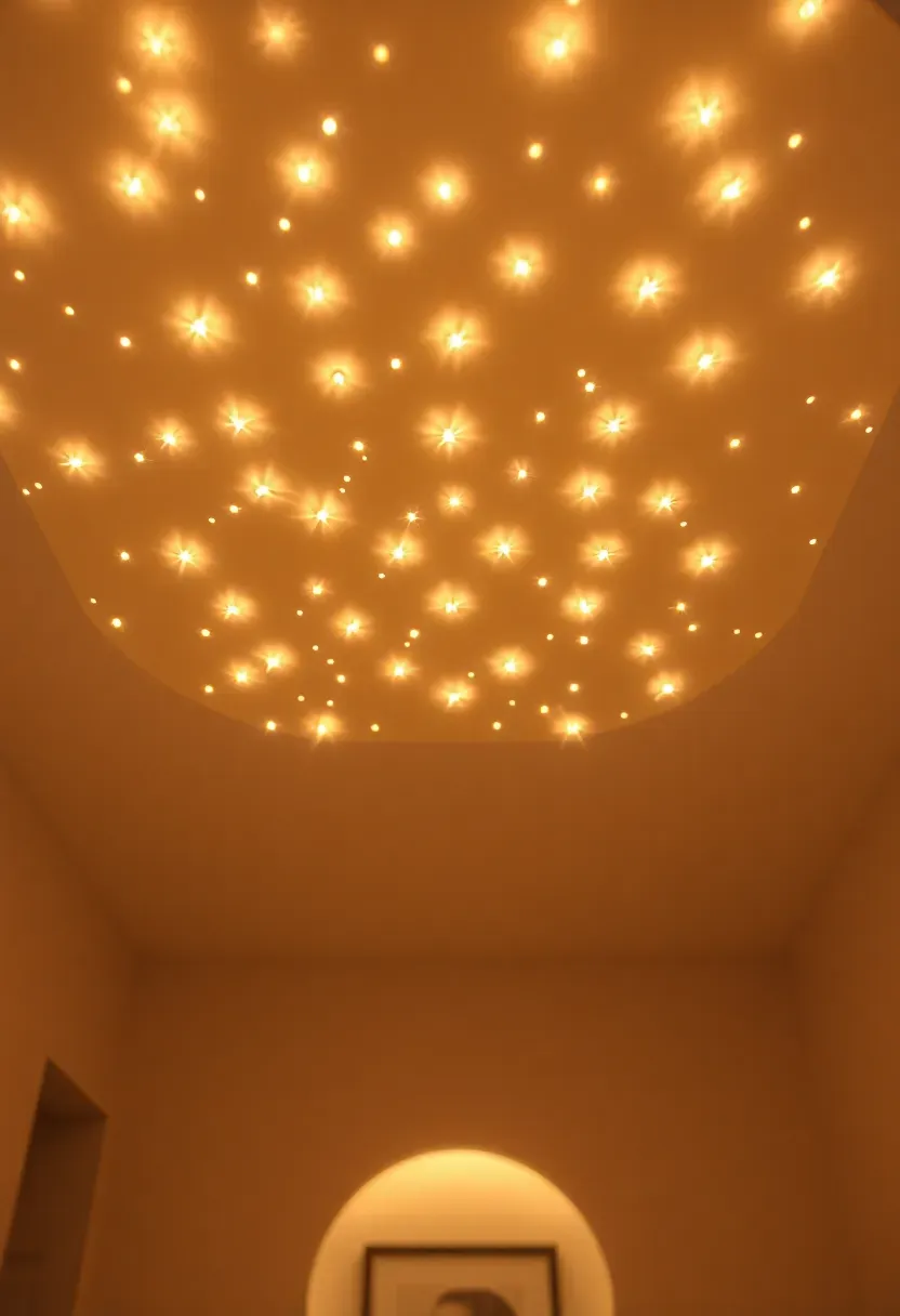 Star-pattern LED ceiling fixture casting a soft constellation glow in a kids' bathroom above the bathtub