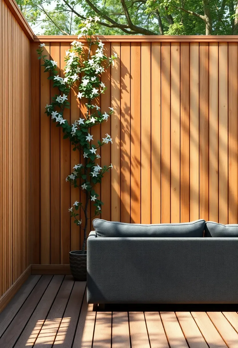 Backyard deck with a tall slatted wooden privacy wall on one side, outdoor sofa facing away from neighbors, and climbing plants on the screen