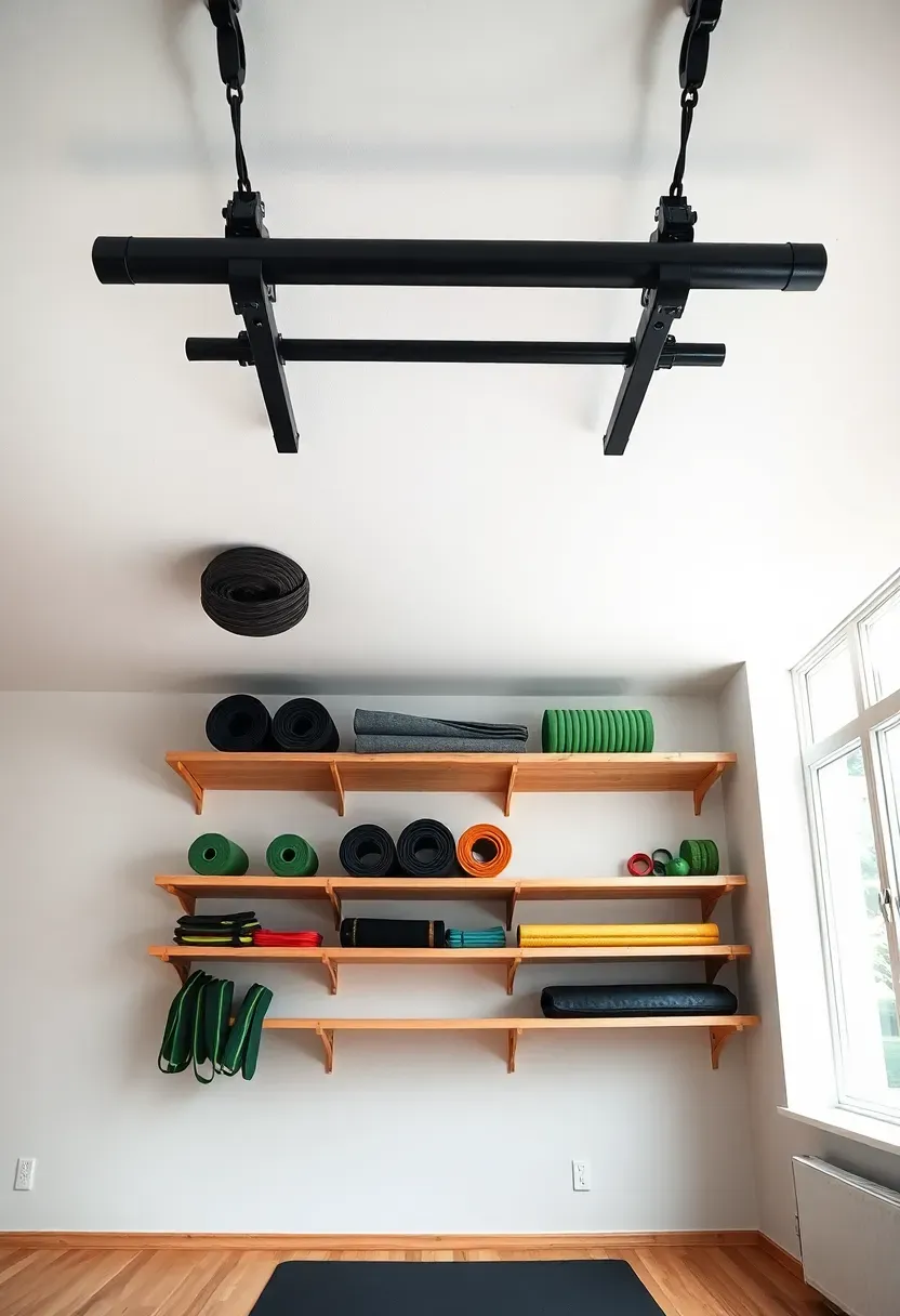 Ceiling-mounted pull-up bar with overhead shelving storing yoga mats and foam rollers above a clear home gym floor