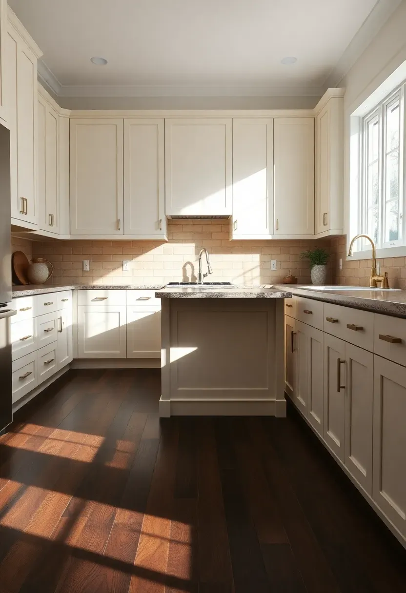 Hyper-realistic 3/4 view of a neutral kitchen with cream cabinetry and dark walnut hardwood flooring. Materials: cream painted shaker cabinets, dark walnut hardwood flooring with rich brown grain, warm quartz countertops, warm beige subway tile backsplash, brass hardware, white walls. Natural light from windows, creating strong shadows and contrast with dark floor. Visible kitchen island with cream base and dark walnut floor visible beneath. Sophisticated grounded mood. Shallow depth of field showing floor grain, sharp cabinet details. No text, no logos, no watermarks.</p>