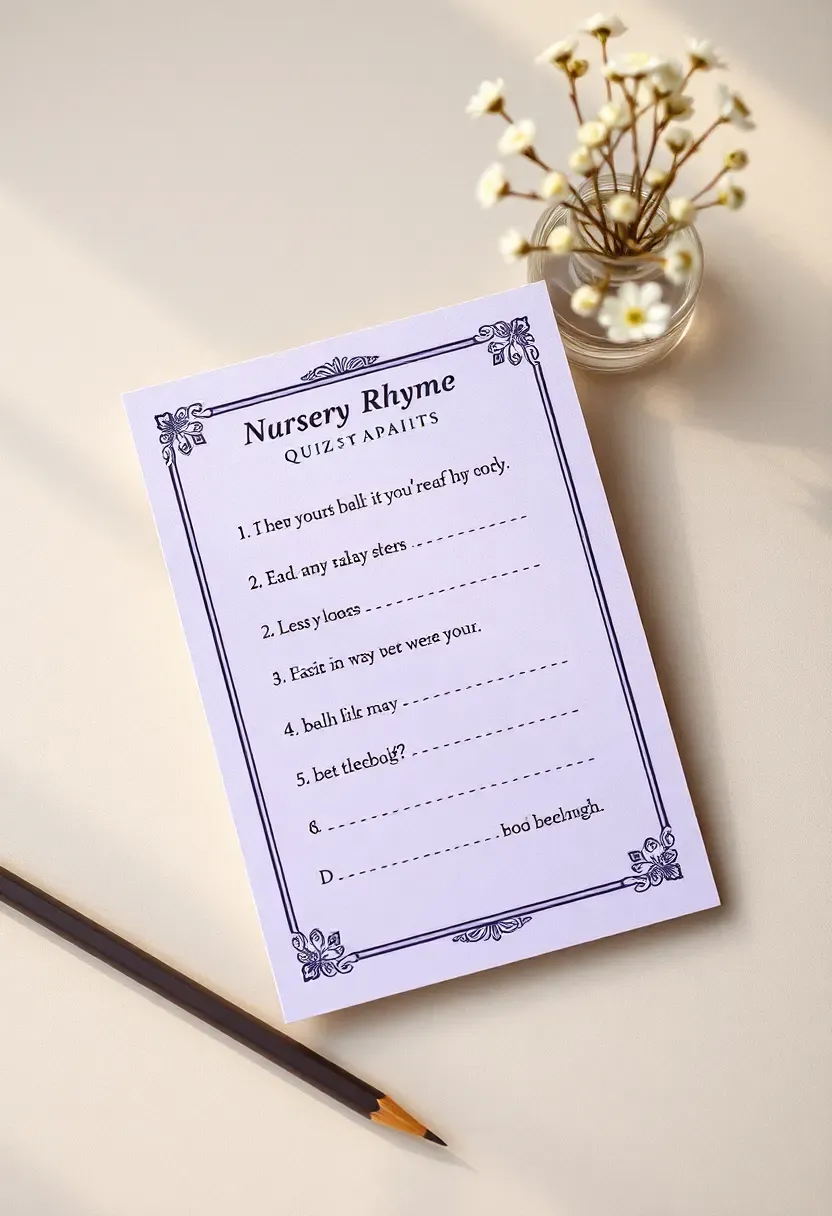 a decorative quiz card with partial nursery rhyme lines and blank spaces for guests to complete