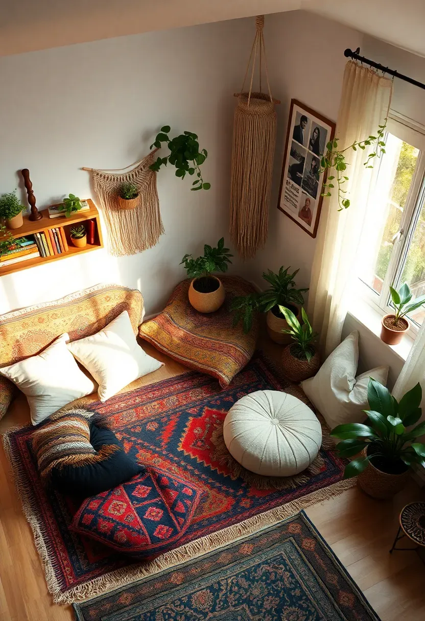 Hyper-realistic high-angle view of bohemian reading corner with layered rugs, floor cushions and poufs, low bookshelves, plants, macramé, relaxed atmosphere. Materials: colorful textiles, kilim rugs, linen cushions, wood shelves, mixed books, potted plants. Soft natural light from nearby window (golden hour), warm shadows. Eclectic composition, sharp textile details, relaxed informal mood, visible room with plants. No text, no logos, no watermarks.</p>